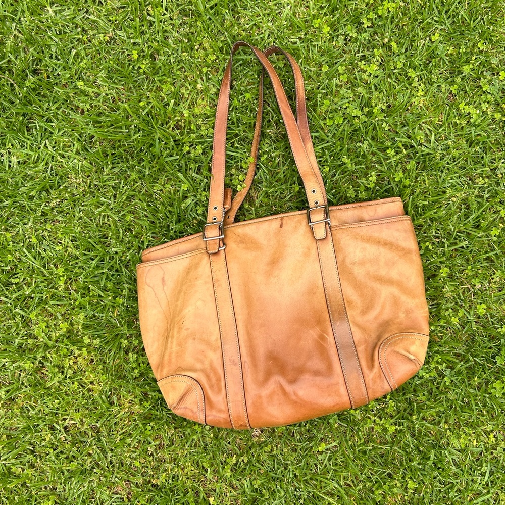 Vintage Coach Purse Diaper Bag Brown Leather 6460 Zip Top Double Buckle Strap